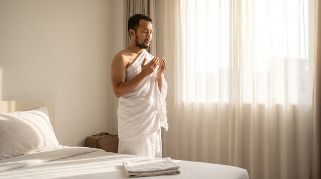 Asian Muslim man wearing Ihram making supplication with closed eyes by the window before Hajj
