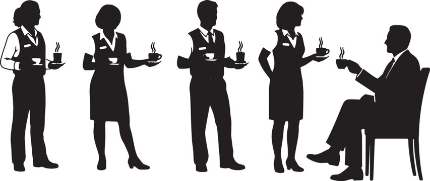 Black Solid Subordinate Worker Bringing Coffee Silhouettes Set of Six on White Background