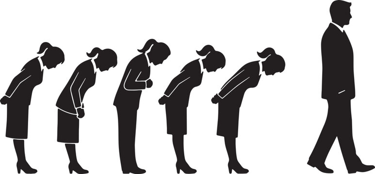 Black Solid Subservient Assistant Bowing Silhouettes Set of Six on White Background