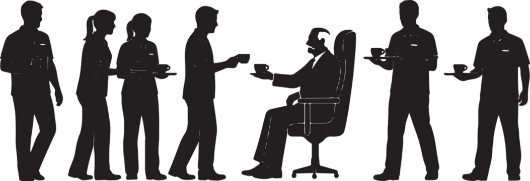 Black Solid Subordinate Worker Bringing Coffee Silhouettes Set of Six on White Background