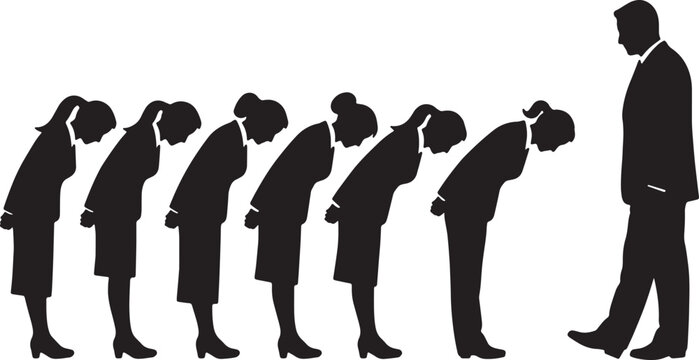 Black Solid Subservient Assistant Bowing Silhouettes Set of Six on White Background