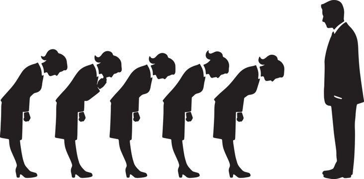 Black Solid Subservient Assistant Bowing Silhouettes Set of Six on White Background