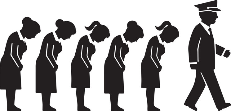 Black Solid Subservient Assistant Bowing Silhouettes Set of Six on White Background