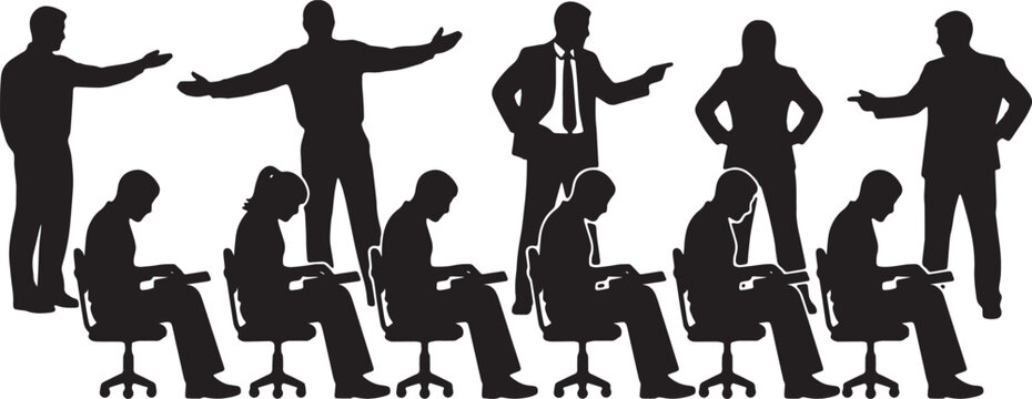 Black Solid Team Lead Dictating Tasks Silhouettes Set of Six on White Background