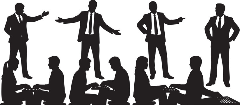 Black Solid Team Lead Dictating Tasks Silhouettes Set of Six on White Background