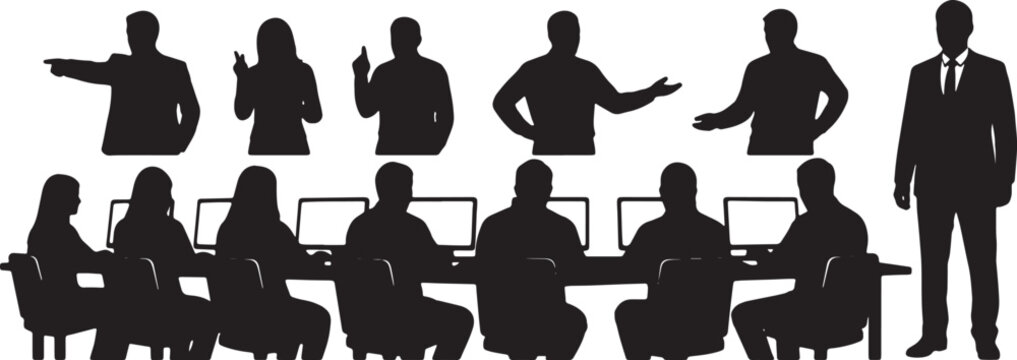 Black Solid Team Lead Dictating Tasks Silhouettes Set of Six on White Background