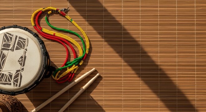 African djembe drum with colorful straps.