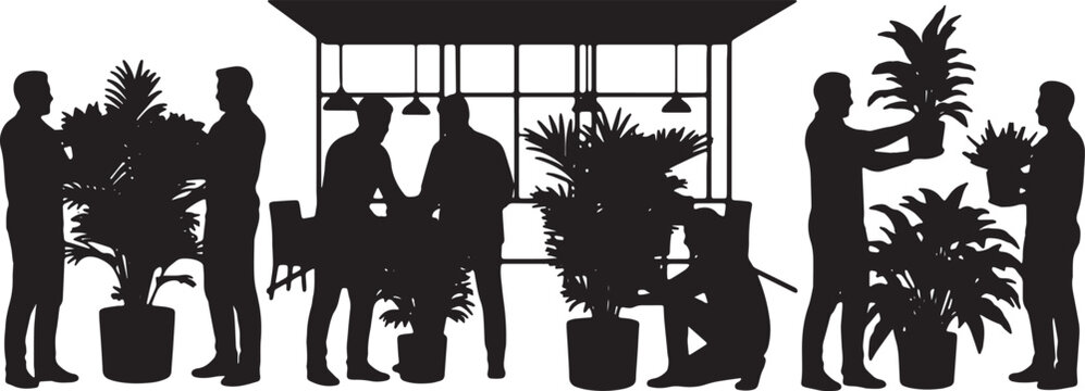 Black Solid Team Member Arranging Potted Plant Silhouettes Set of Six on White Background