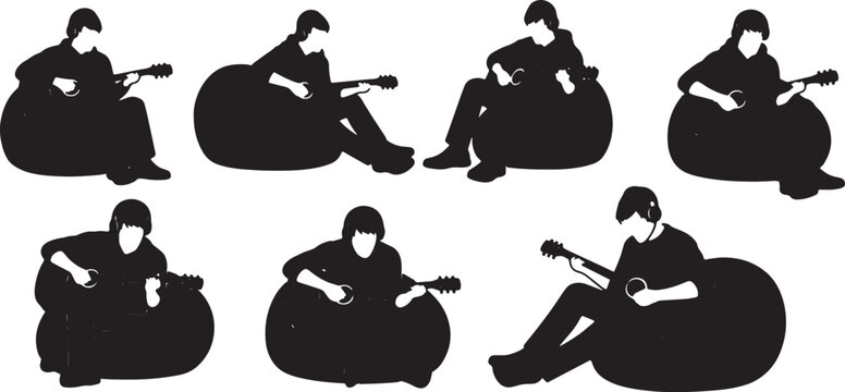 Black Solid Tech Worker Acoustic Guitar Beanbag Silhouettes Set of Six on White Background