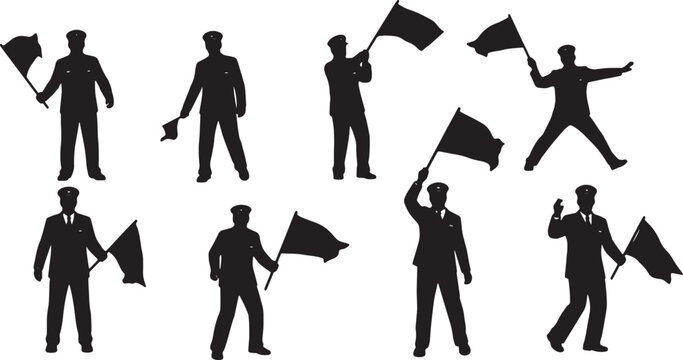 Black Solid Train Conductors Waving Flags Silhouettes Set of Six on White Background
