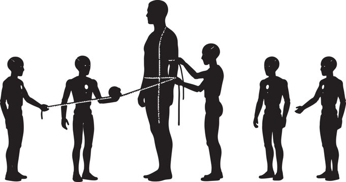 Black Solid Robot Tailor Measuring Human Silhouettes Set of Six on White Background