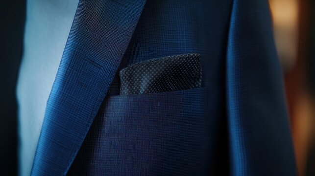 Blue suit pocket with black handkerchief