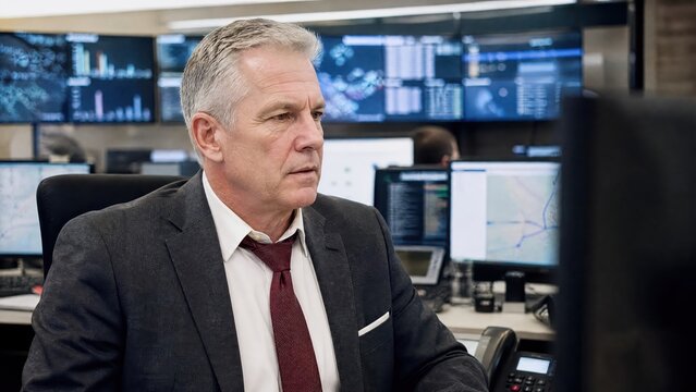 Generative AI, Mature Caucasian executive monitoring data in a control room