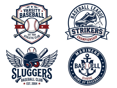 Collection of Four Vintage Baseball Sports Logos and Emblems Featuring Bats, Balls, Helmets, and Anchor Designs for Athletic Teams, Leagues, and Apparel Branding Projects.