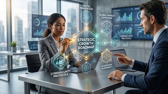 Corporate executives discussing strategic growth roadmap with digital innovation and cybersecurity protocols in modern glass office, global market expansion planning concept.