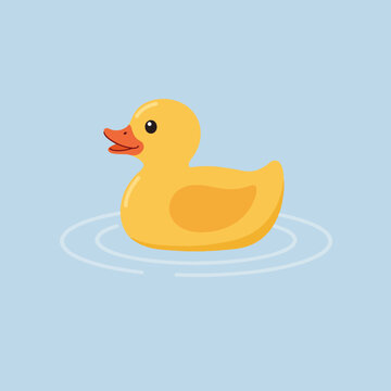 A bright yellow rubber duck floats on calm blue water surface