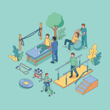 Therapy session with various exercise equipment and patient care