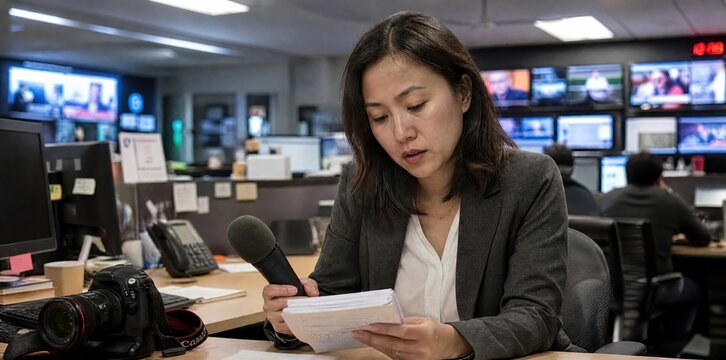Generative AI, Asian female journalist reviewing script with microphone in a newsroom