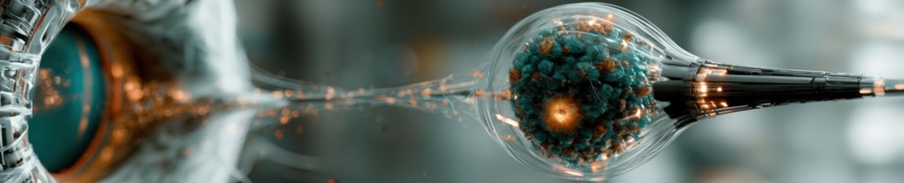Engineered synthetic virus vector delivering custom genetic code into human cell nucleus with bioluminescence and negative space for bio tech banners.