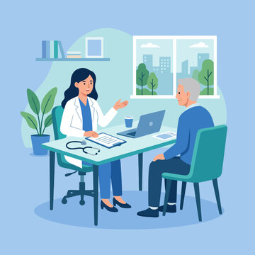 A doctor consults with an elderly patient in a clinic office
