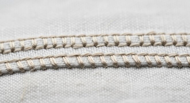 Close up of double stitch seams on light grey fabric material.
