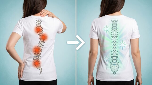 Woman back pain spine illustration before and after treatment showing relief from chronic discomfort through physical therapy or medical intervention for spinal health