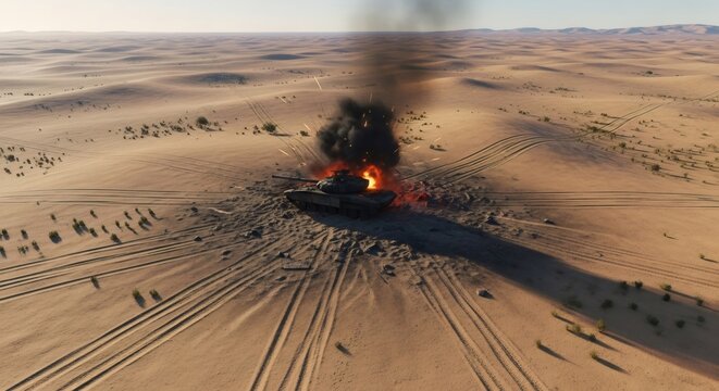 Military tank destroyed in desert explosion. Combat vehicle burning after an attack. Armored machine engulfed in flame and black smoke. Chaos and destruction of weaponry in wartime action.