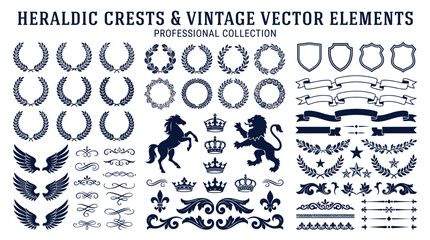 Professional Collection of Heraldic Crests and Vintage Vector Elements with Laurel Wreaths, Crowns, Shields, Ribbons, Lion, Horse, Wings, and Decorative Borders for Logo Design and Branding Projects.