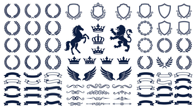 Comprehensive set of heraldic vector design elements featuring classic shields, laurel wreaths, royal crowns, lions, horses, decorative wings, ornate ribbons, and vintage dividers for branding.