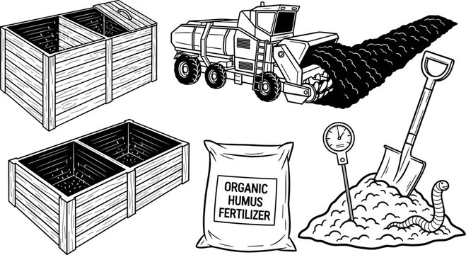 Organic Humus Fertilizer and Large Scale Composting Infrastructure Outline Vector Icon Set with Wooden Compost Bins Windrow Turner Machine and Soil Pile