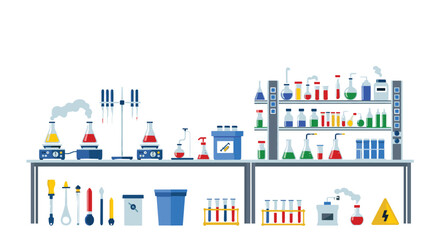 Fototapeta premium Comprehensive laboratory research setup with flasks, test tubes, Bunsen burners, and chemical samples on a workspace for scientists.