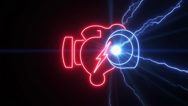 glowing neon engine symbol illuminated in vivid red and blue tones on a pure black backgr