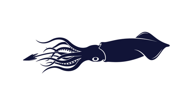 Large squid or kraken silhouette in dark blue showing its long tentacles and streamlined body shape on a white background.