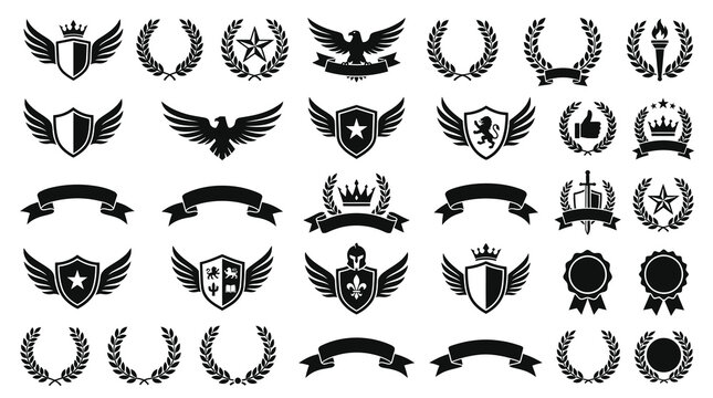 Large collection of black heraldic emblems and vector icons including shields with wings, laurel wreaths, ribbons, crowns, stars, and eagle silhouettes for luxury branding and logo design projects.