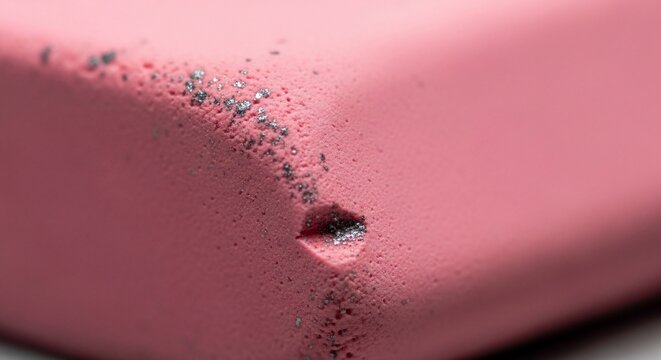 Close up detail of a damaged pink surface with a deep dent and scratches.