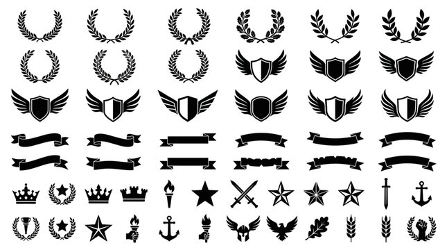 Black Heraldic Vector Icon Set with Laurel Wreaths, Winged Shields, Ribbon Banners, Crowns, Swords, Stars, and Classic Symbols for Awards, Logo Creation, and Vintage Branding Design Projects.