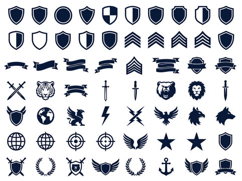 Comprehensive set of heraldic shield shapes, military chevrons, decorative ribbons, and animal icons. Tactical vector symbols like swords, eagles, and targets for logo design and gaming assets.