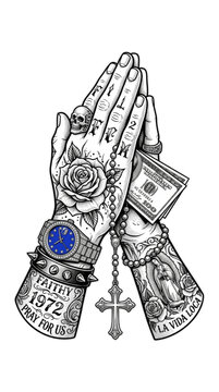 Chicano Style Praying Hands Tattoo Design with Rose, Rosary, and Cash