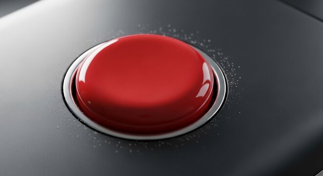 Close up of a large red emergency push button on a dark console.
