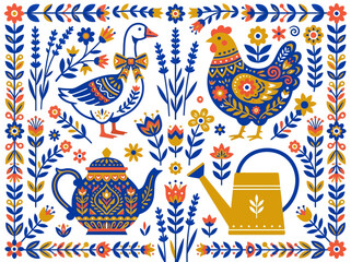 Decorative folk art illustration featuring a goose, hen, teapot, and watering can with intricate floral patterns and ethnic ornaments in blue, yellow, and orange on a clean white background. © Ayong