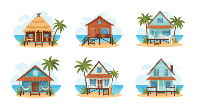 Set of tropical beach bungalows and stilt houses on a sandy shore with palm trees and ocean view in flat vector style.