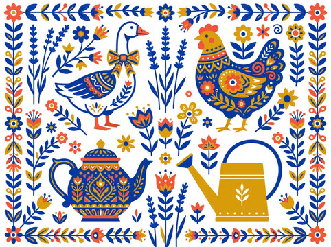 Decorative folk art illustration featuring a goose, hen, teapot, and watering can with intricate floral patterns and ethnic ornaments in blue, yellow, and orange on a clean white background.