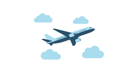 Fototapeta premium Commercial passenger airplane flying through light blue clouds in a clear sky depicted in a clean minimalist vector illustration.