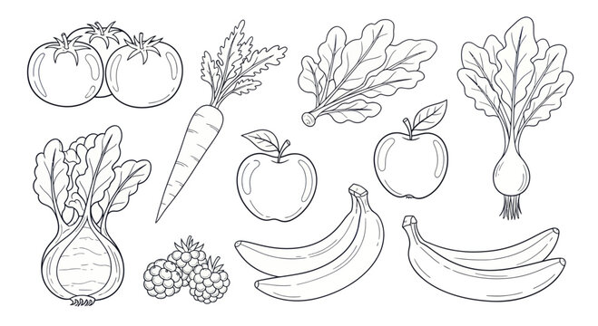Hand-drawn outline illustration of various fresh fruits and vegetables.