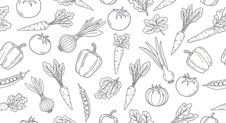Hand-drawn vegetable pattern with various fresh produce illustrations. © Berkah
