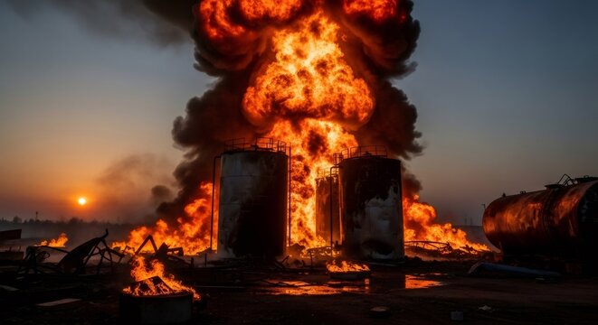 Massive explosion at fuel depot. Huge fire engulfing oil storage tanks at sunset. Concept of war and industrial accident. Destruction and devastation caused by military attack or disaster.