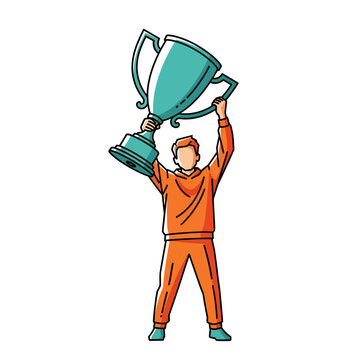 Man holding up large shiny trophy.