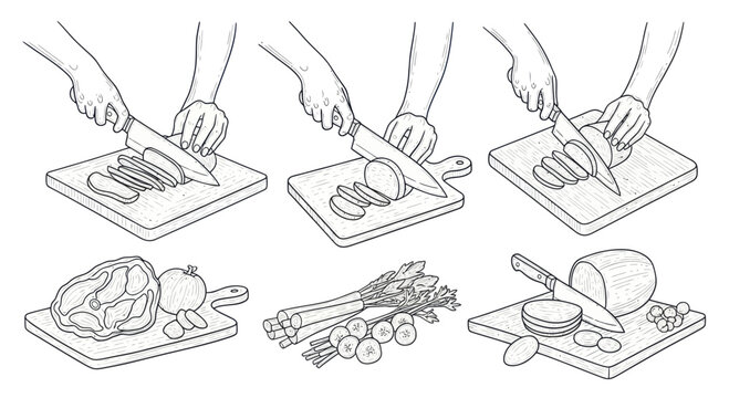 Hands Cutting Food on Chopping Boards with Various Ingredients.