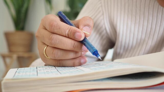 Person solving puzzle with a pen at home