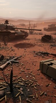 Military tank in arid desert battlefield after intense combat. Armored heavy vehicle with shell casing and assault rifle scattered on ground. Concept of conflict destruction and war.